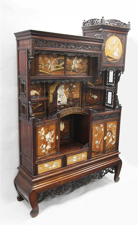 A fine Japanese hardwood and Shibayama style inlaid cabinet (shodana), Meiji period, W.4ft 9in. D.1ft 3in. H.7ft